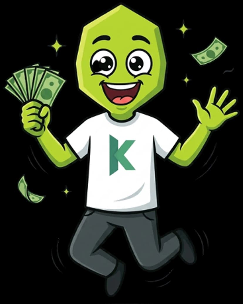 Happy mascot jumping with money